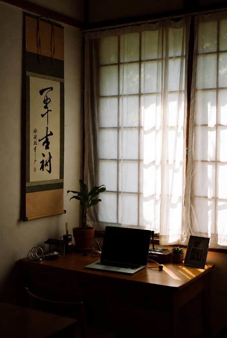 Warm studio corner with a low table and notebook symbolizing a welcoming contact space