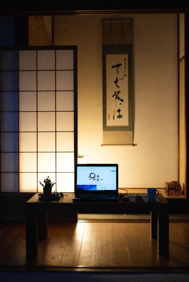 Softly lit workspace with modest Japanese decor representing calm website updates